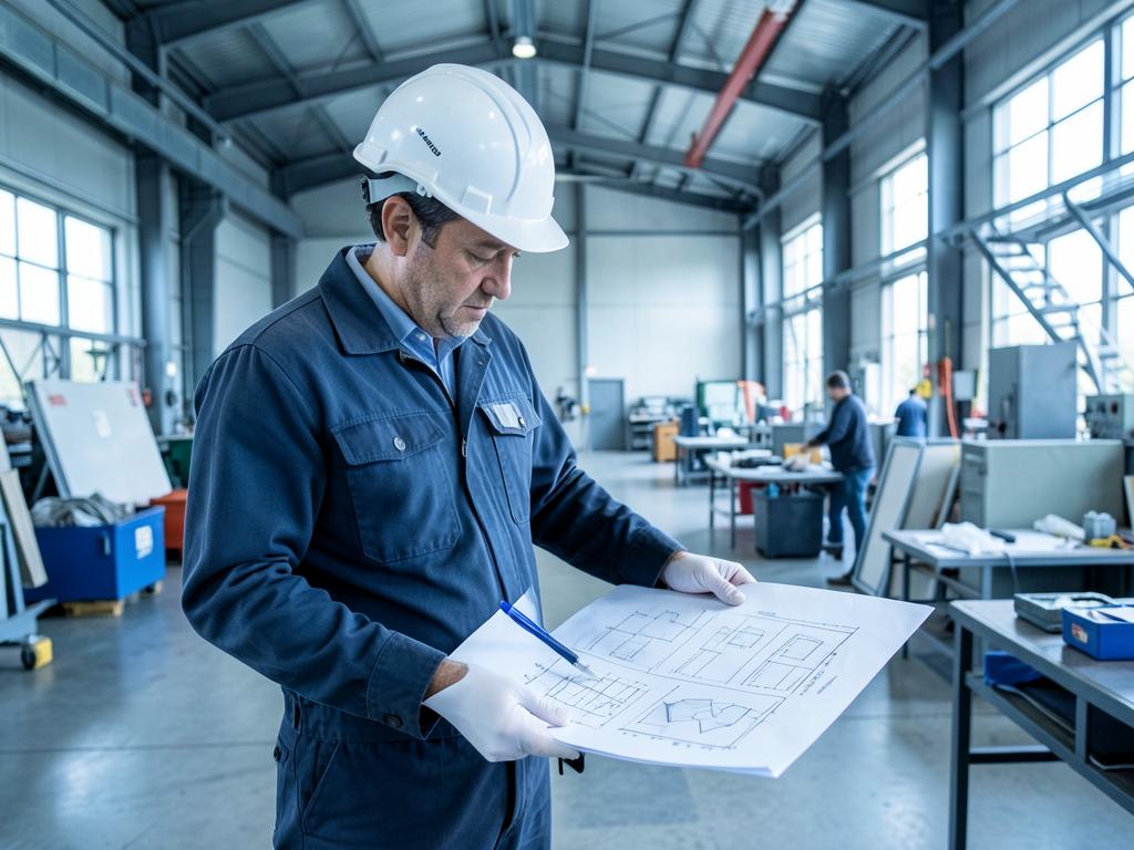 Ingeniero revisando planos en una nave industrial en Alemania